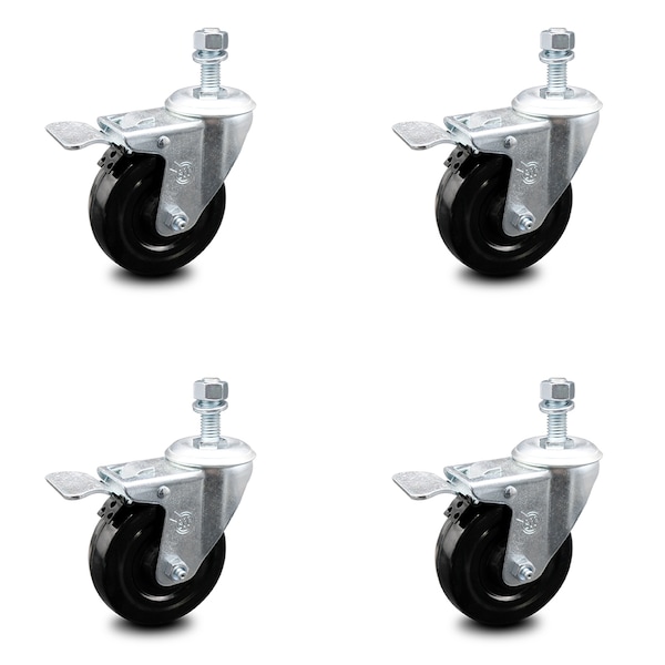 Service Caster 4 Inch Hard Rubber Swivel 3/8 Inch Threaded Stem Caster Set Total Lock Brake SCC SCC-TSTTL20S414-HRS-381615-4 - main